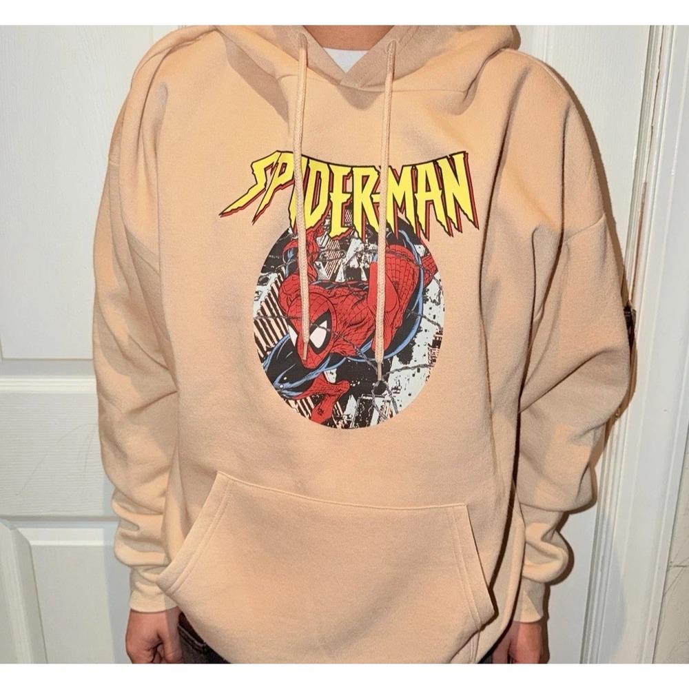 NWT Marvel Spiderman  Comic Page Graphic Print Tan Hoodie Size Large New